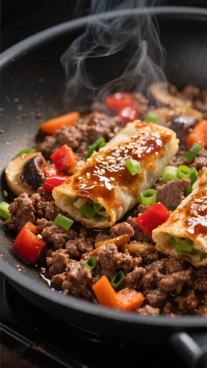 Close-up detail: Crispy-edged ground beef filling sizzling in a skillet just after saucing—glossy,