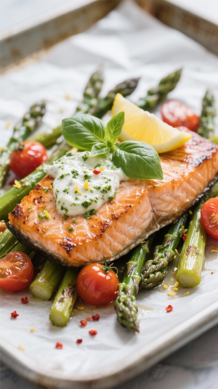 Close-up detail: Crispy-edged roasted salmon fillet nestled among tender-crisp asparagus and burst c