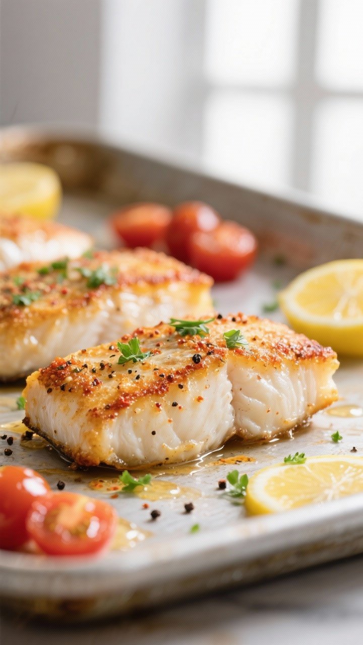 Close-up detail: Crispy lemon-pepper tilapia just out of the oven, flaky white fish with golden, lig