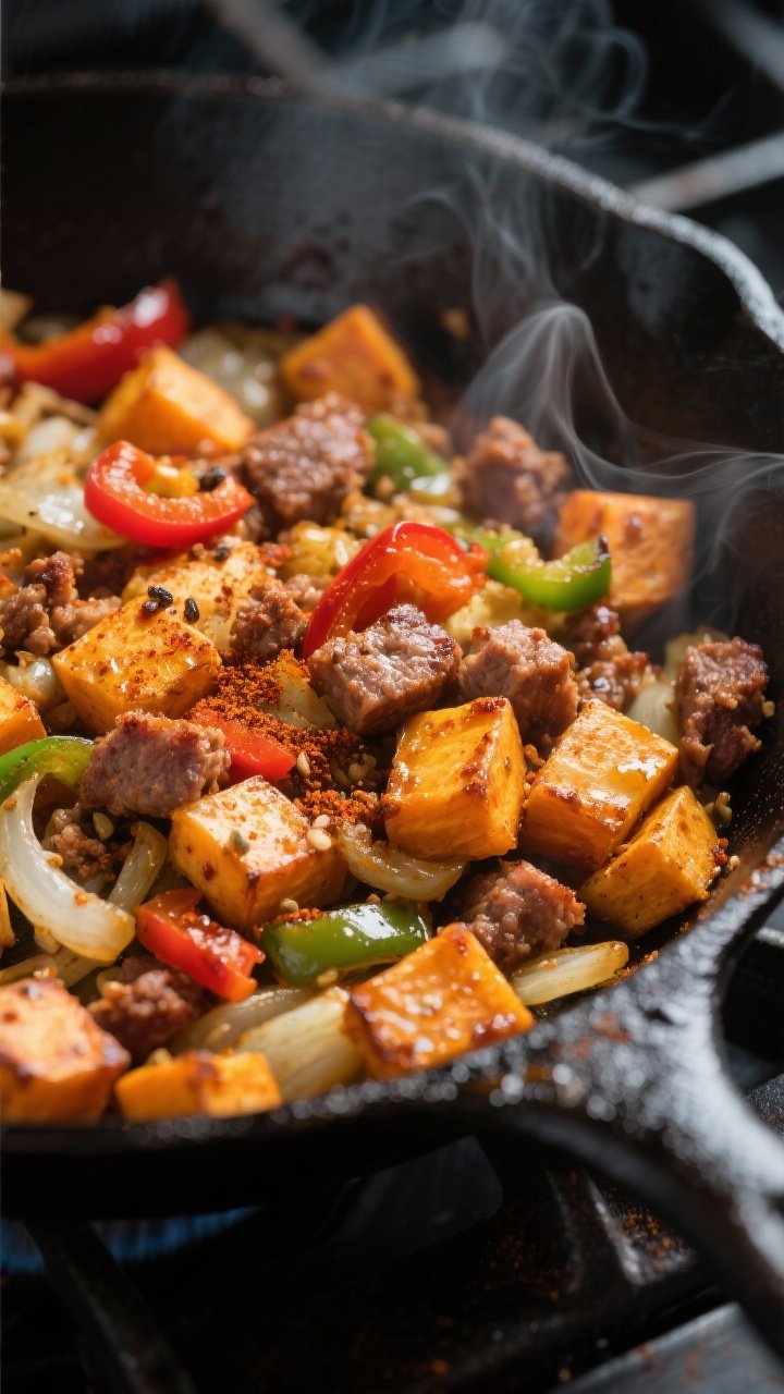 Close-up detail: Crispy sweet potato breakfast hash sizzling in a cast-iron skillet during the “co
