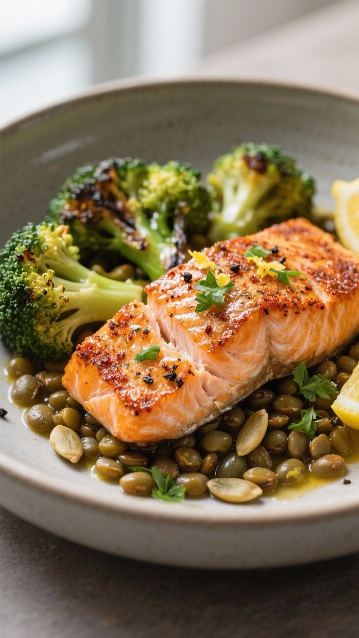 Close-up detail: Flaked roasted salmon with smoky paprika-cumin crust nestled against crisp-tender,