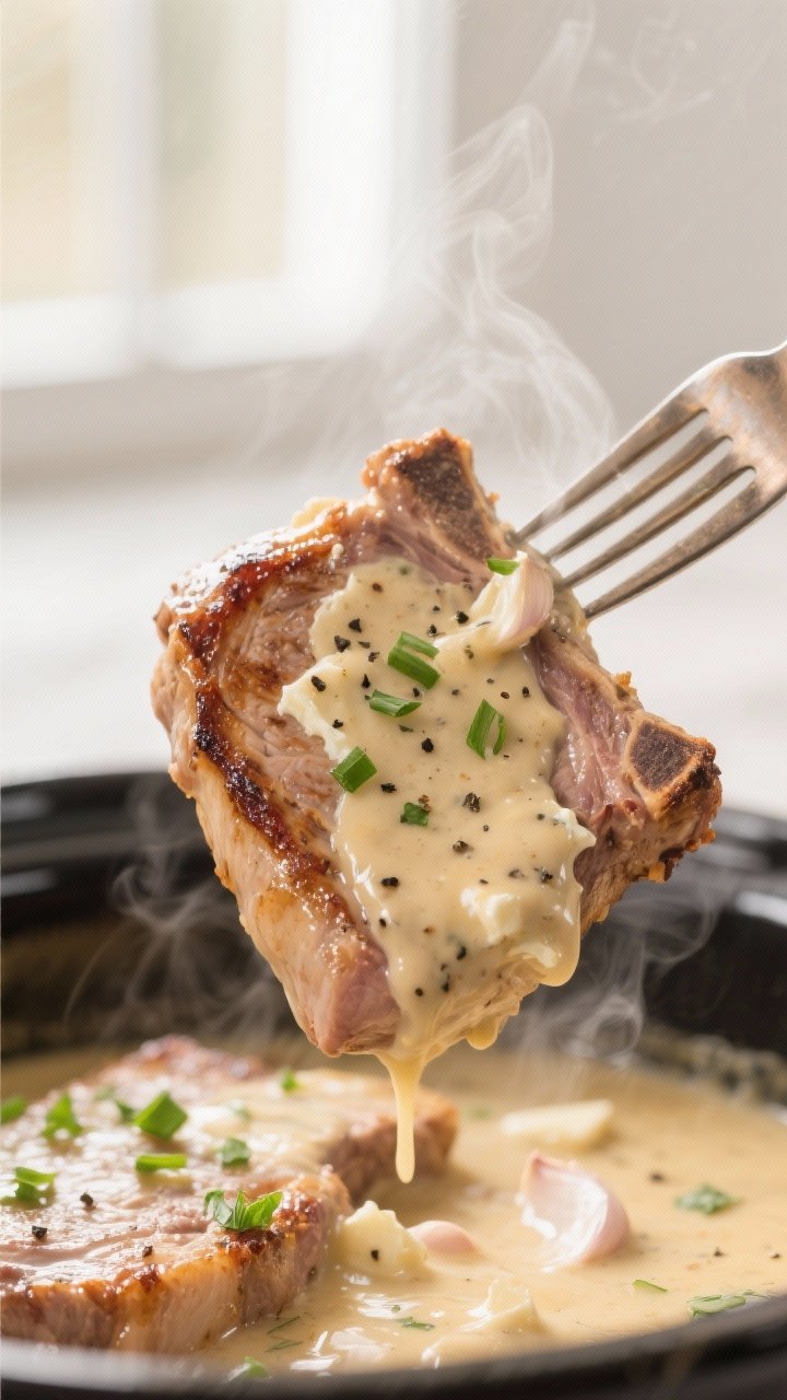 Close-up detail: Fork-tender crockpot ranch pork chop just lifted from a creamy sauce, showing glist