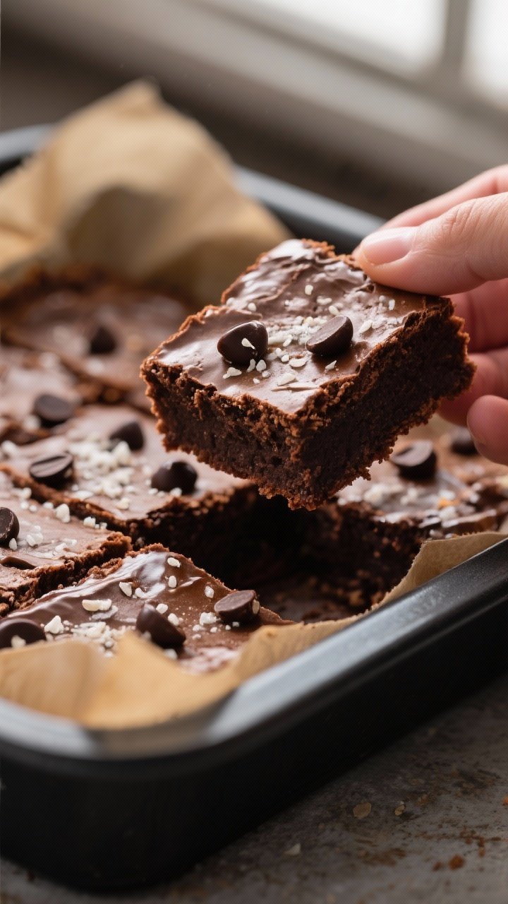 Close-up detail: Fudgy almond flour brownies just out of the pan, edges set with a slightly soft cen