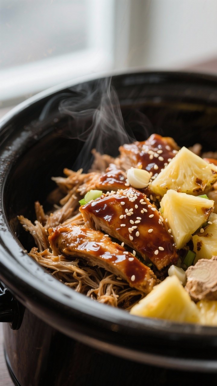 Close-up detail: Glazed shredded teriyaki chicken nestled in a slow cooker, coated in a thick, gloss