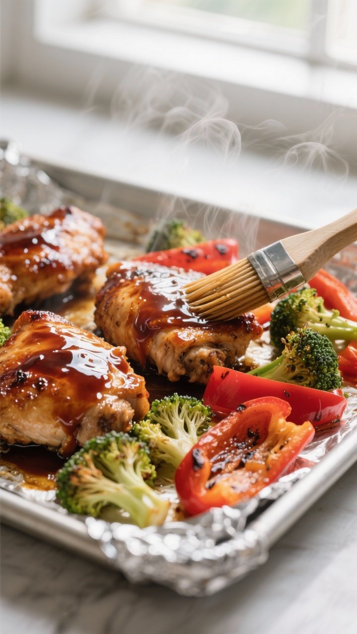 Close-up detail: Glazed teriyaki chicken thighs fresh from the oven on a foil-lined sheet pan, gloss