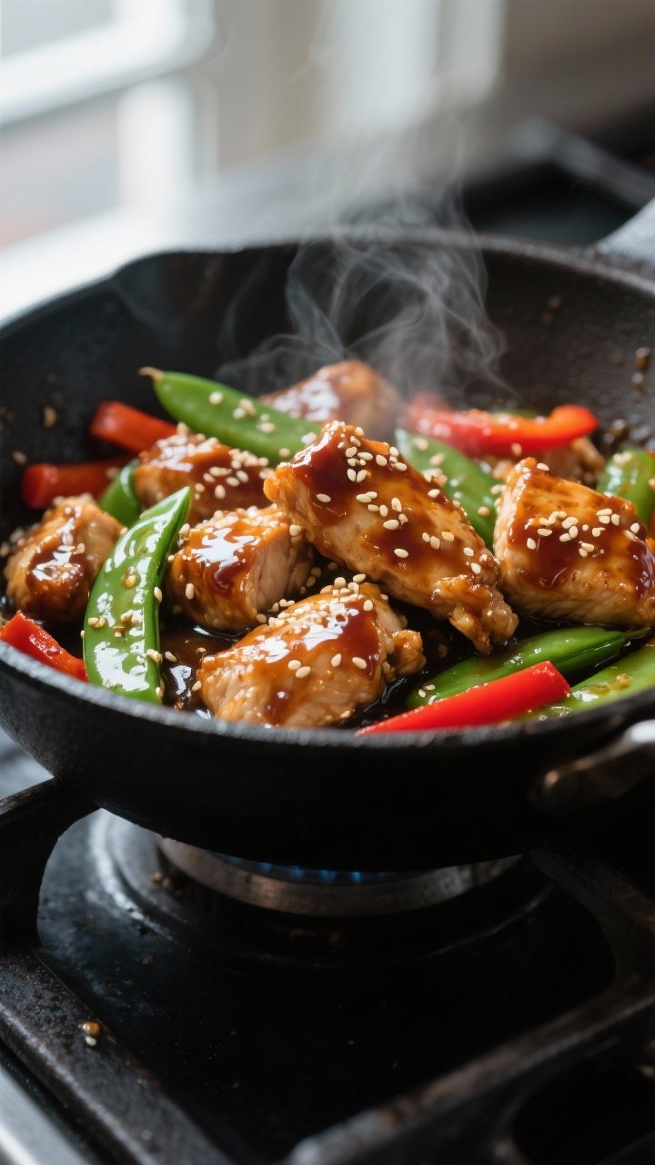 Close-up detail: Glossy Asian sesame chicken just after saucing in a hot skillet, bite-size thigh pi