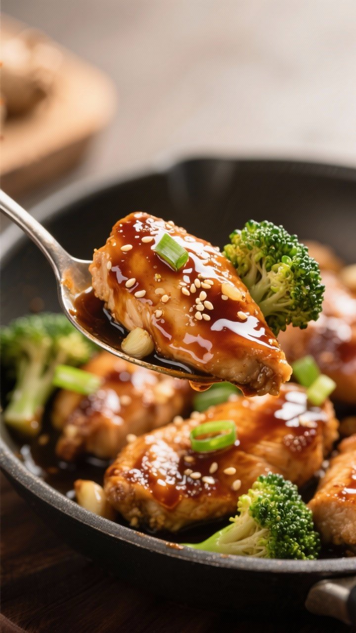 Close-up detail, glossy glaze: Macro close-up of a spoon lifting a piece of teriyaki-glazed chicken 