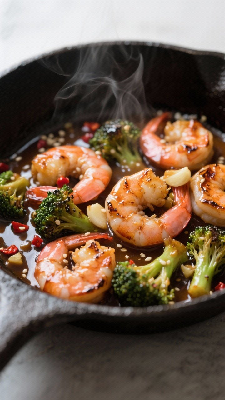 Close-up detail: Glossy honey-garlic shrimp and charred broccoli in a hot skillet mid-glaze, sauce v