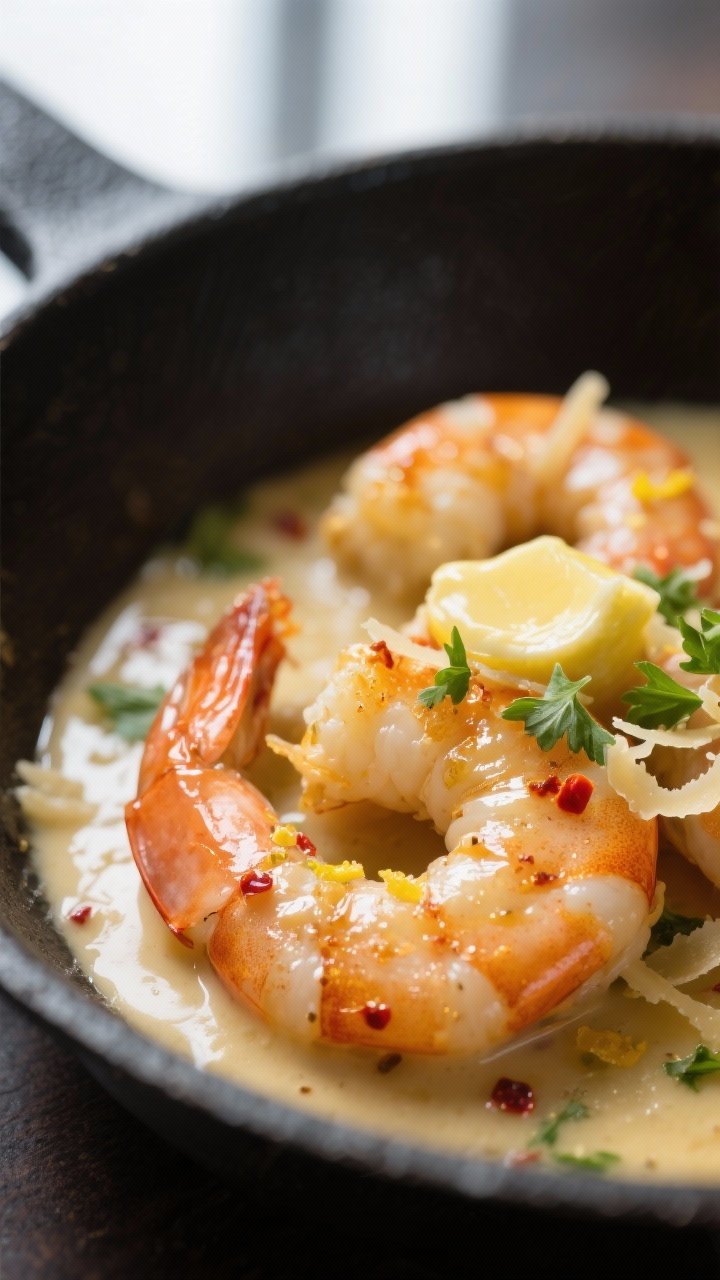 Close-up detail: Glossy shrimp finished in creamy lemon-garlic sauce, shrimp curled to a gentle C-sh