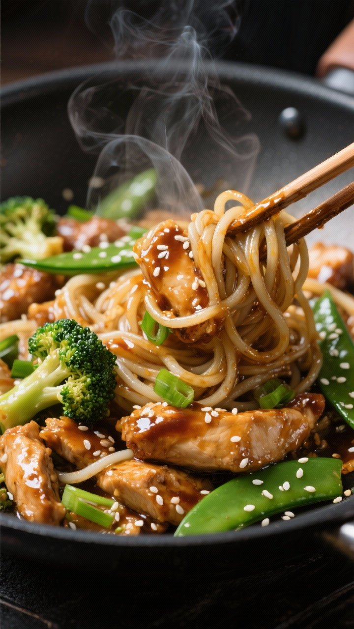 Close-up detail: Glossy soy-garlic-ginger chicken and rice noodles being tossed in a wok with tongs,