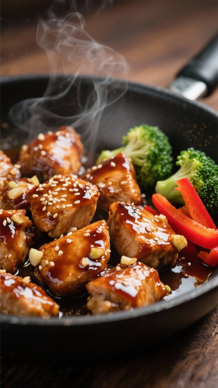 Close-up detail: Glossy teriyaki chicken bites in a skillet just after saucing, thick clingy sauce w