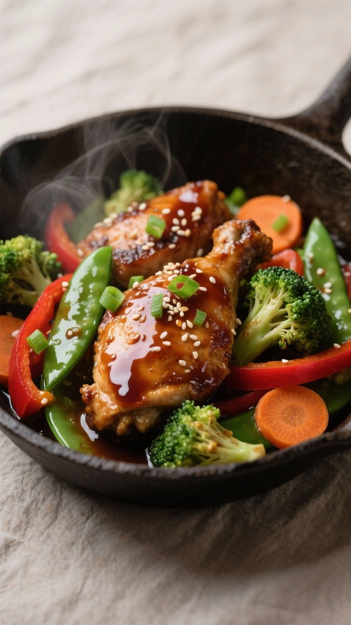 Close-up detail: Glossy teriyaki chicken thigh pieces nestled among crisp-tender broccoli, snap peas