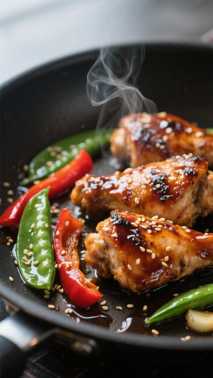 Close-up detail: Glossy teriyaki-glazed chicken thigh pieces in a skillet, sauce just thickened and 
