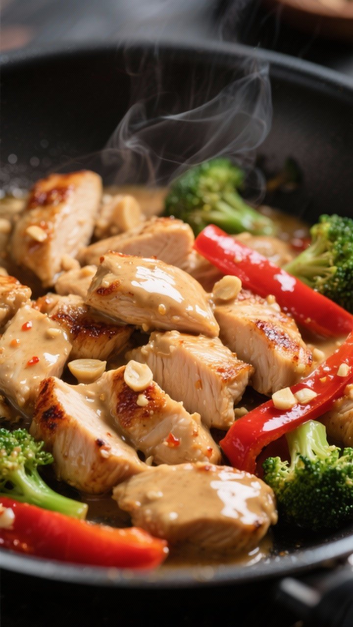 Close-up detail: Glossy Thai peanut chicken just after saucing in the skillet—bite-sized seared ch