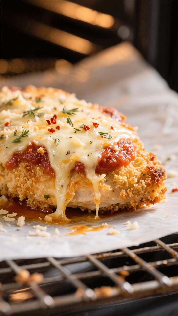 Close-up detail: Golden baked chicken parmesan just after the final melt, showing crisp panko-Parmes