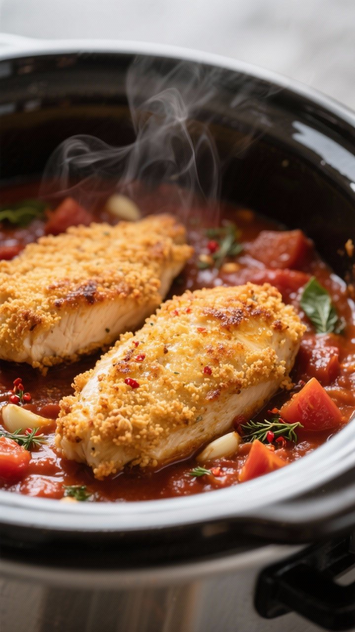 Close-up detail: Golden, breaded chicken breasts just seared and nestled into a slow cooker of thick