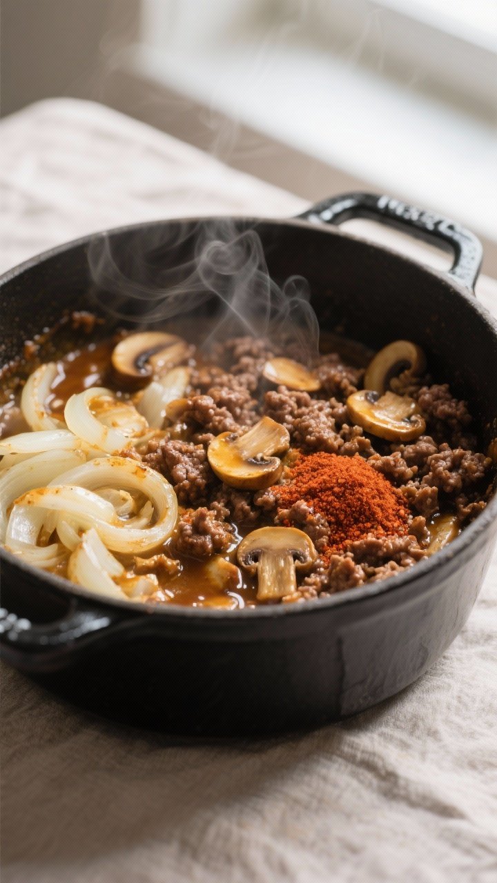 Close-up detail: Golden-browned ground beef and sliced mushrooms sizzling together in a Dutch oven,
