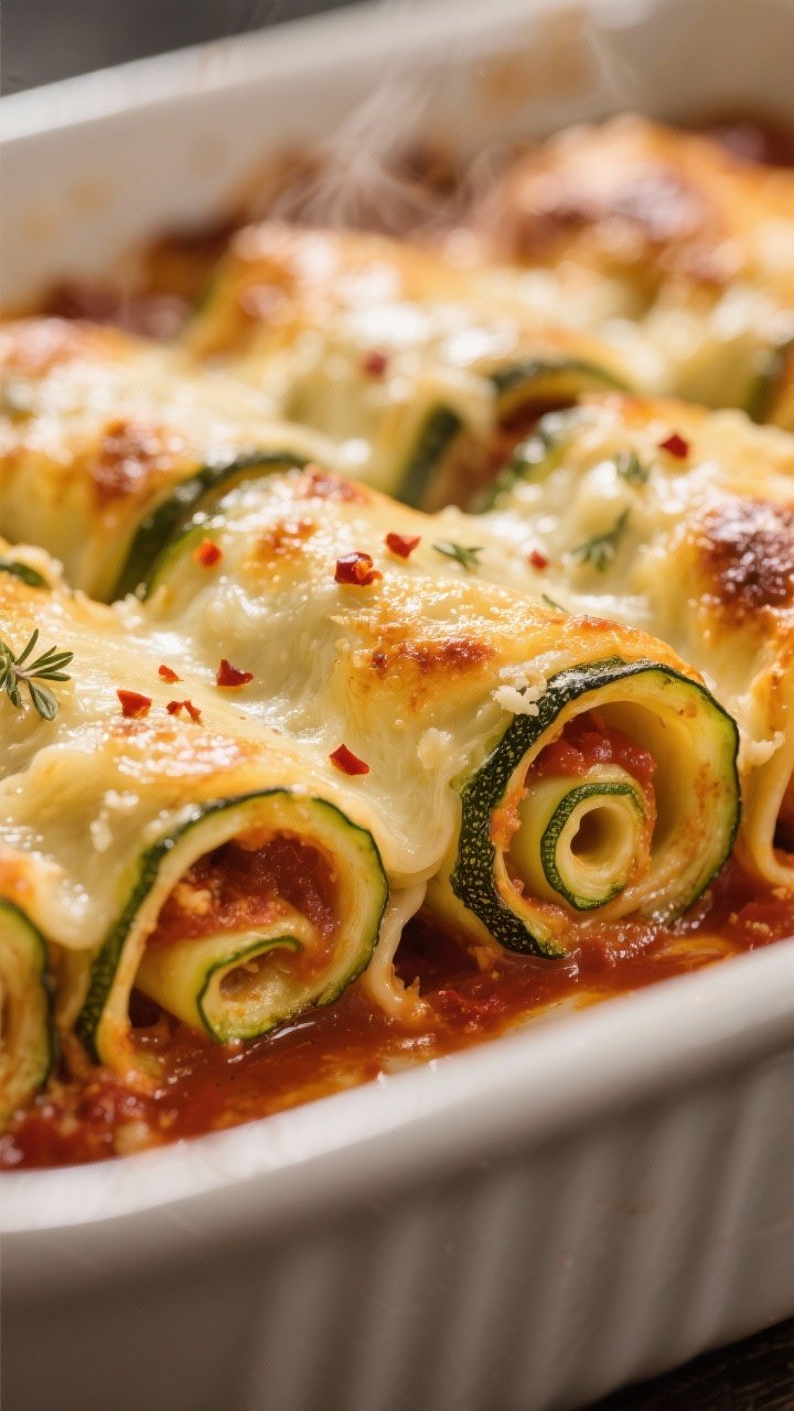 Close-up detail: Golden-bubbly zucchini lasagna roll-ups just out of the oven, cheese lightly bliste
