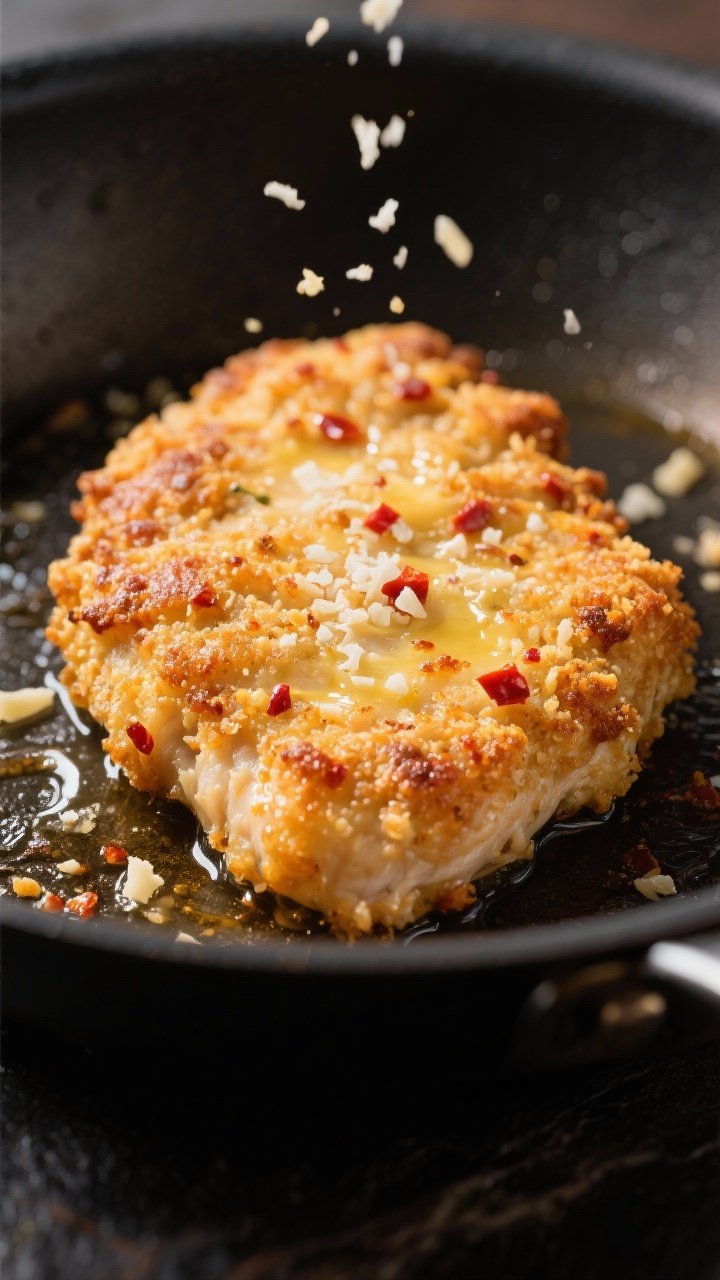 Close-up detail: Golden, pan-fried chicken parmesan cutlet just out of the skillet, showing a deeply