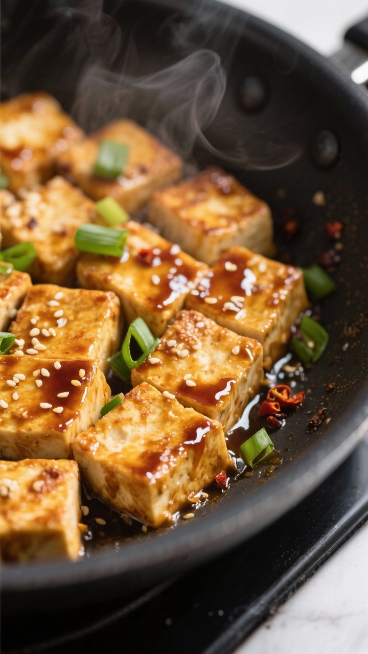Close-up detail: Golden, pan-fried teriyaki tofu cubes just after saucing, glossed with a thick, gin