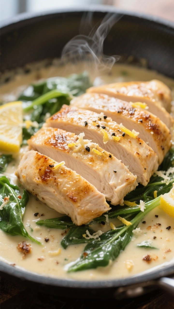 Close-up detail: Golden seared chicken breast sliced on a slight bias in a skillet, glistening with 