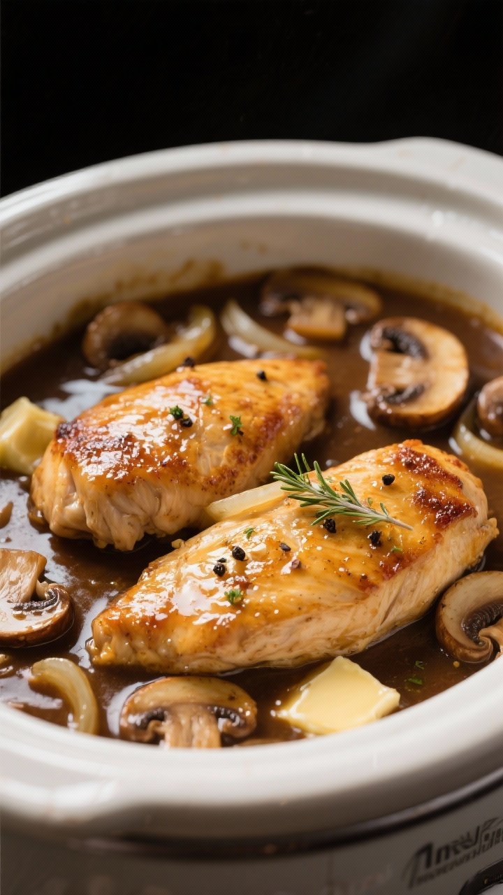 Close-up detail: Golden-seared chicken breasts nestled in a glossy Marsala mushroom sauce inside a s