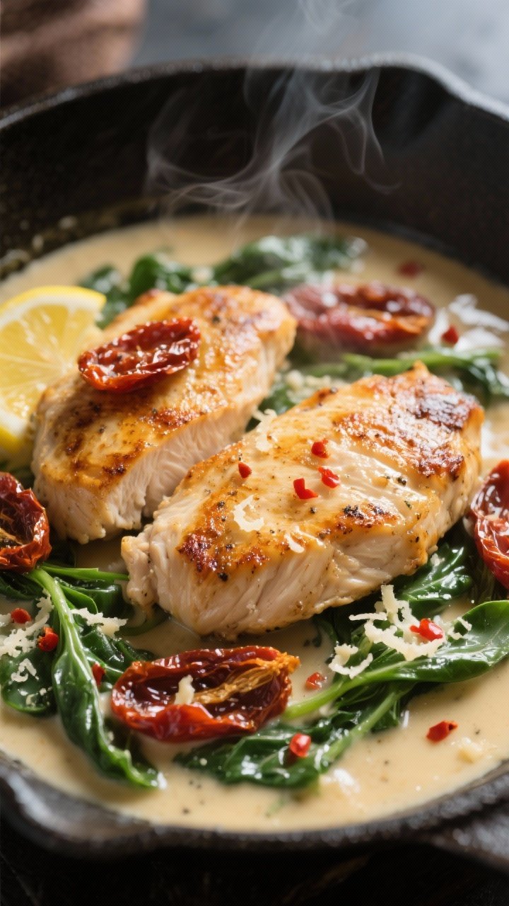 Close-up detail: Golden-seared chicken cutlets nestled in a velvety garlic-Parmesan cream sauce with