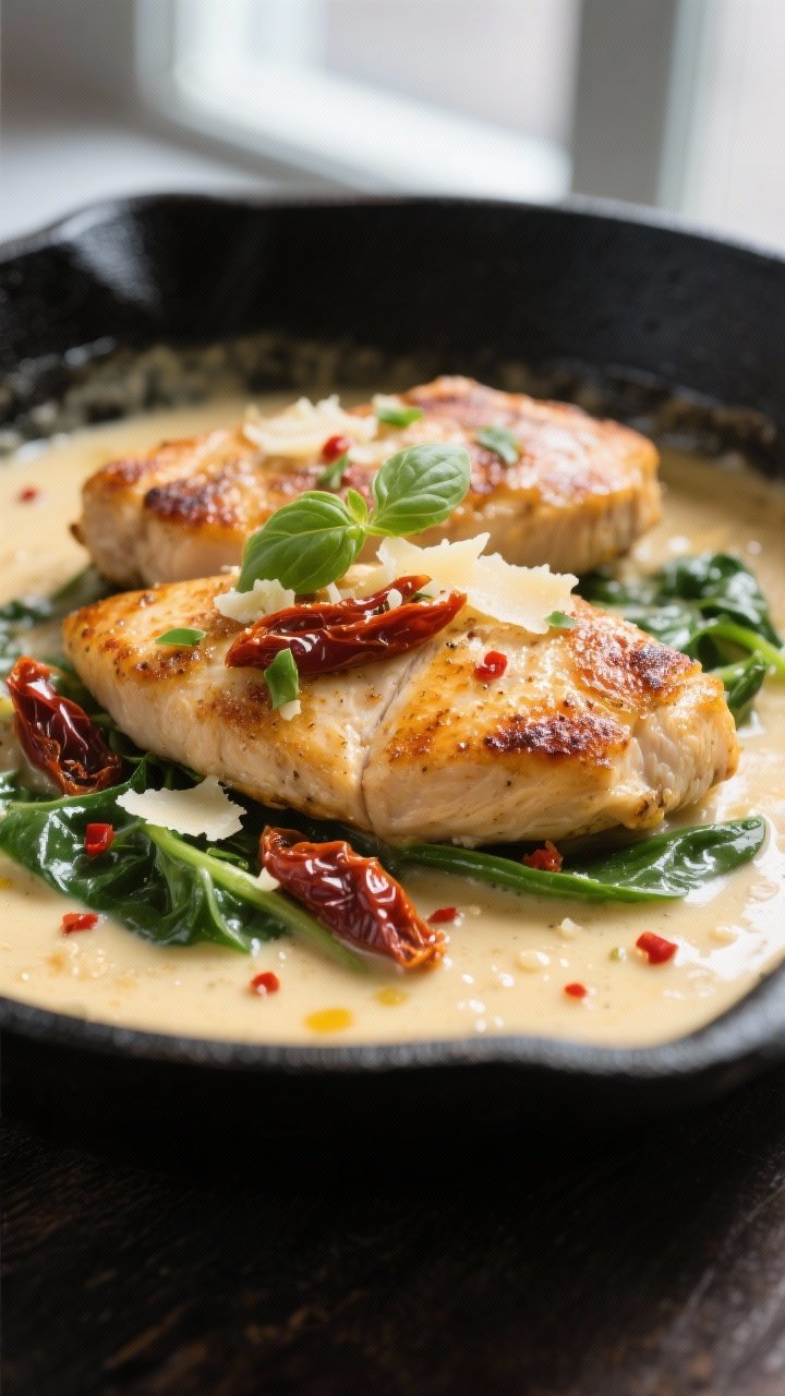 Close-up detail: Golden-seared chicken cutlets nestled in a silky Tuscan cream sauce, showing crisp