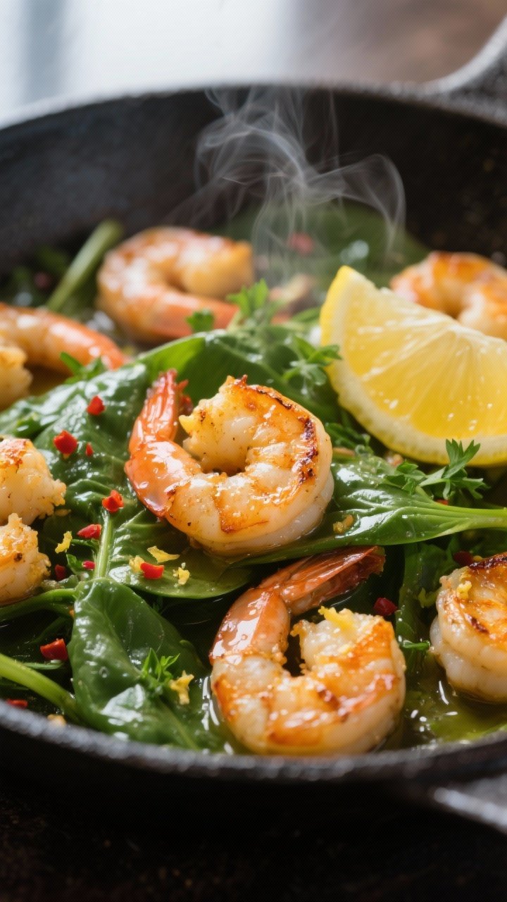 Close-up detail: Golden-seared shrimp tossed in glossy garlic butter, nestled into just-wilted baby 