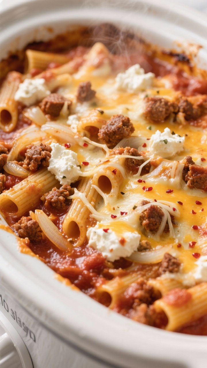 Close-up detail: Gooey crockpot baked ziti mid-cook as the cheese melts — tender ziti coated in ri