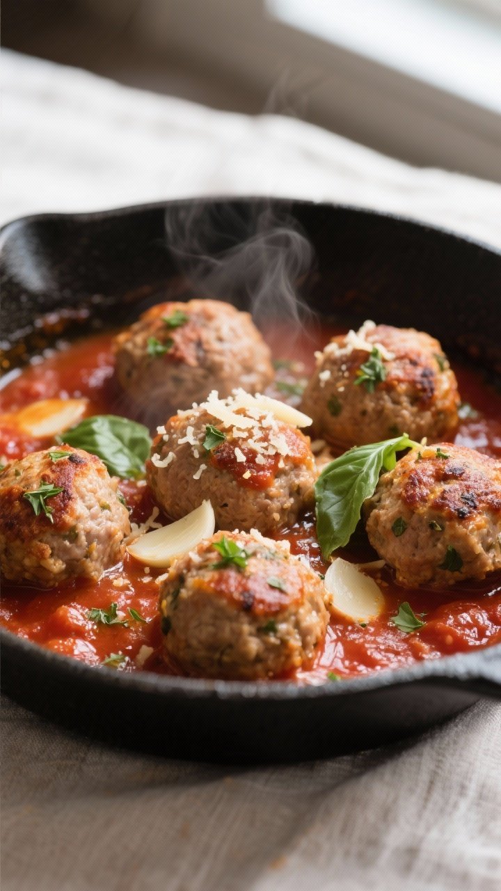 Close-up detail: Juicy baked turkey meatballs nestled in simmering marinara, steam rising, glossy to