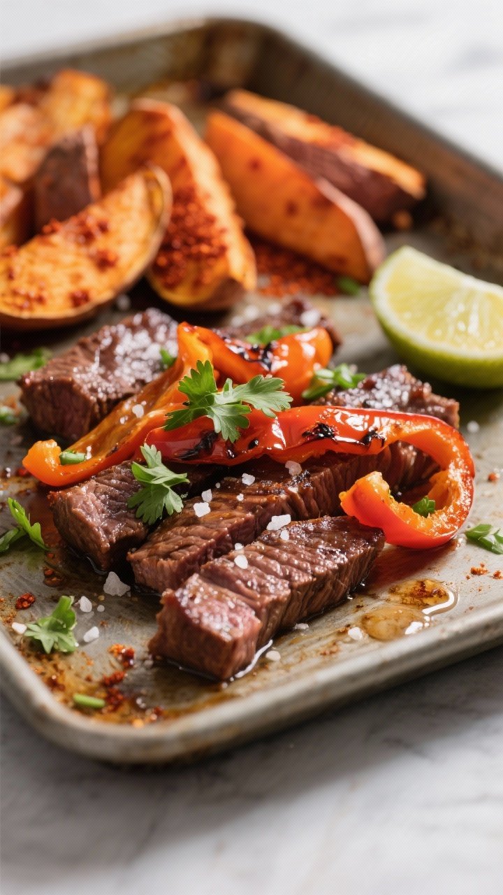 Close-up detail: Juicy, caramelized beef strips and blistered bell pepper petals on a hot sheet pan,