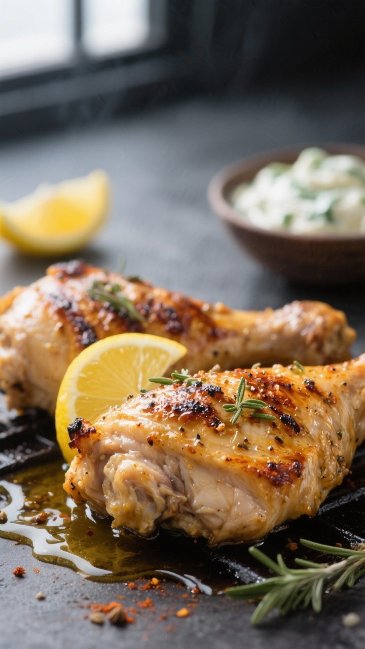 Close-up detail: Juicy Greek chicken thighs just off the grill, golden char and caramelized edges gl