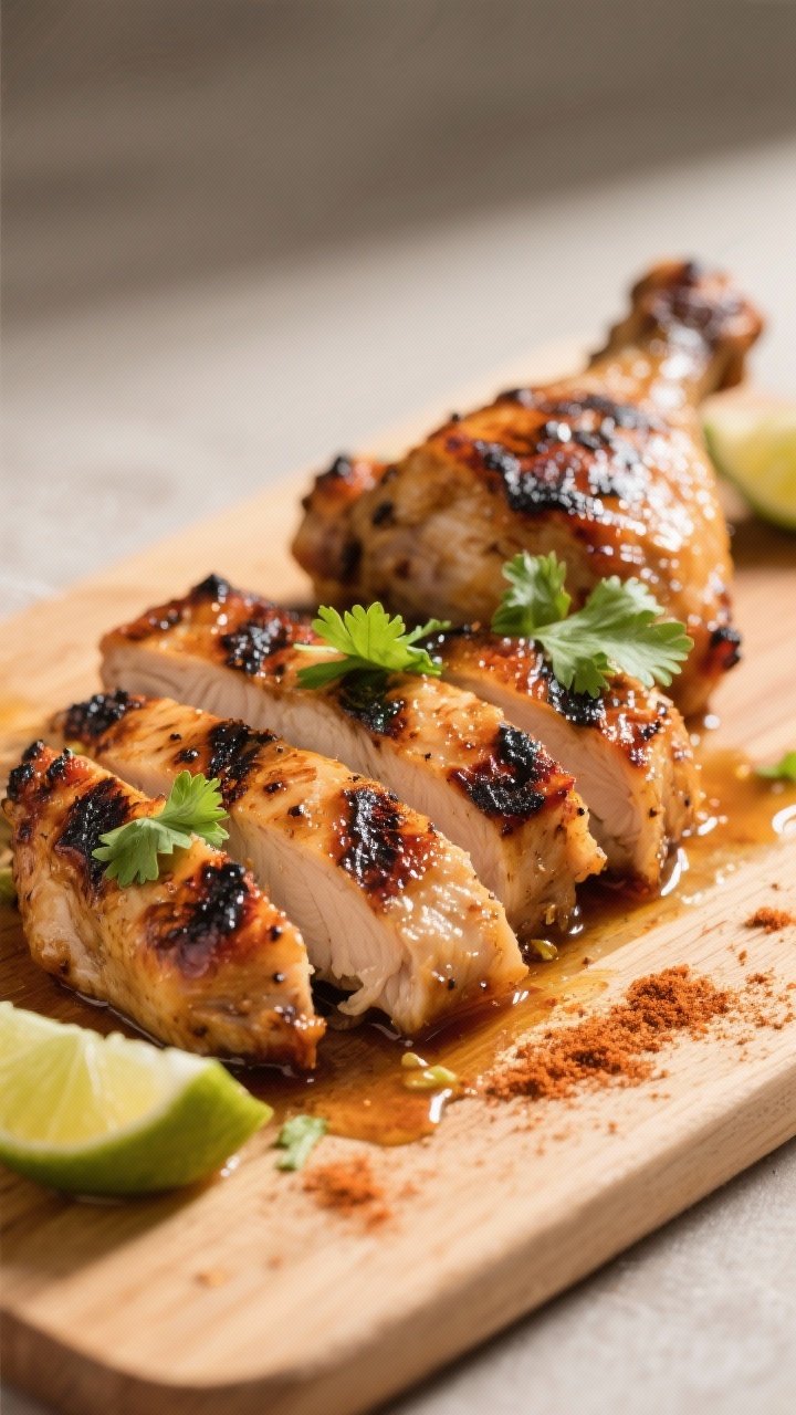 Close-up detail: Juicy grilled chicken thighs just off the grill, sliced and fanned on a cutting boa