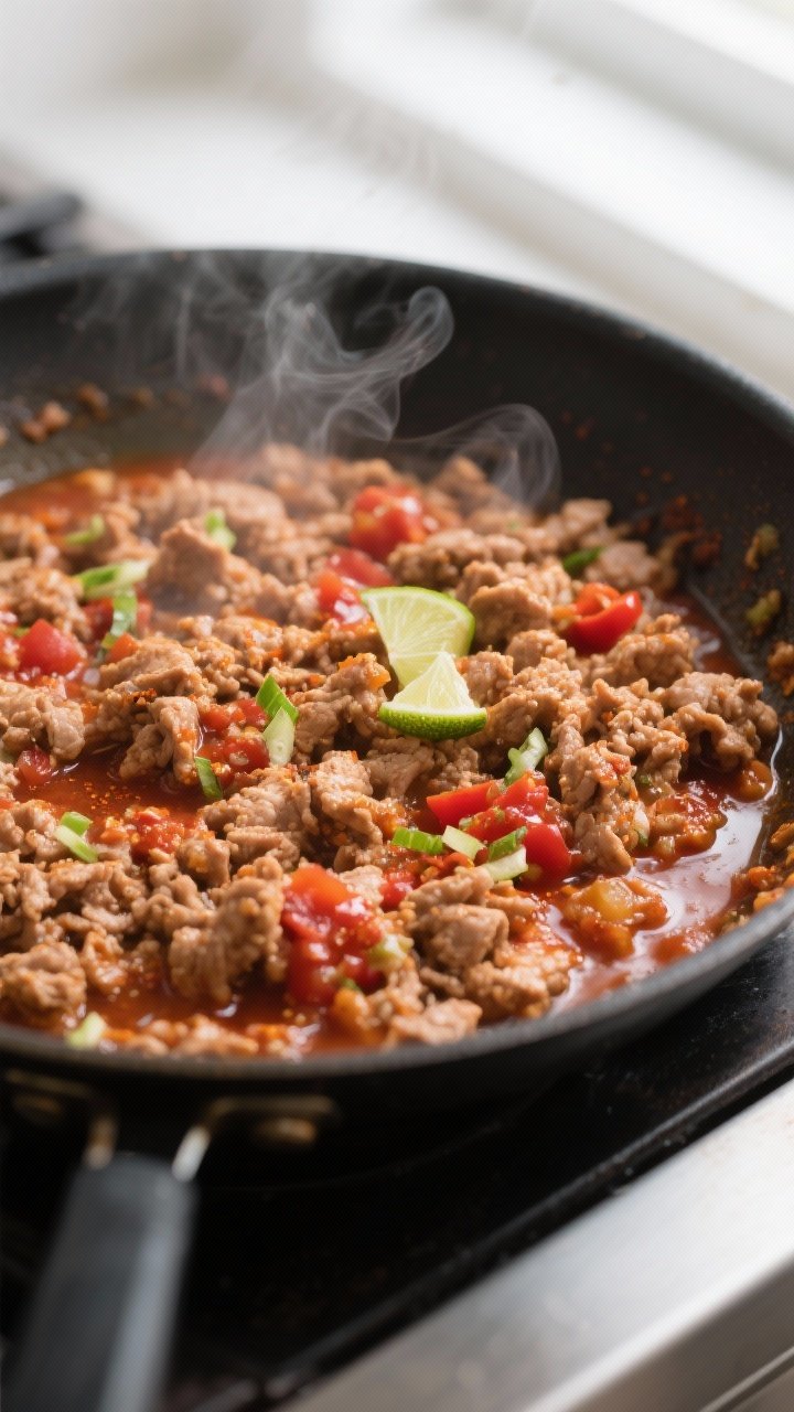 Close-up detail: Juicy ground turkey taco base sizzling in a skillet after simmering with salsa and