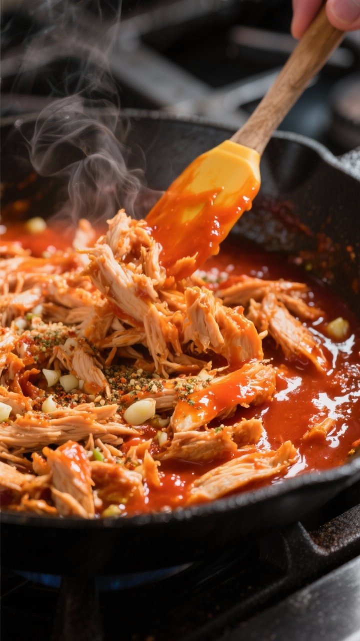 Close-up detail: Juicy shredded Buffalo chicken glistening in a silky, butter-enriched hot sauce in 