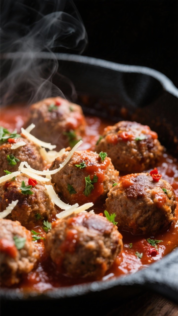 Close-up detail: Juicy turkey meatballs simmering in low-sugar marinara inside a black skillet, stea