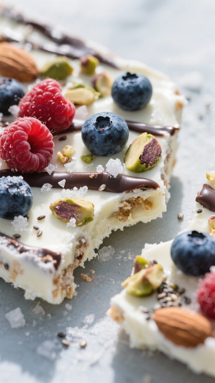 Close-up detail — Macro shot of a broken piece of frozen yogurt bark held flat on the surface, sho