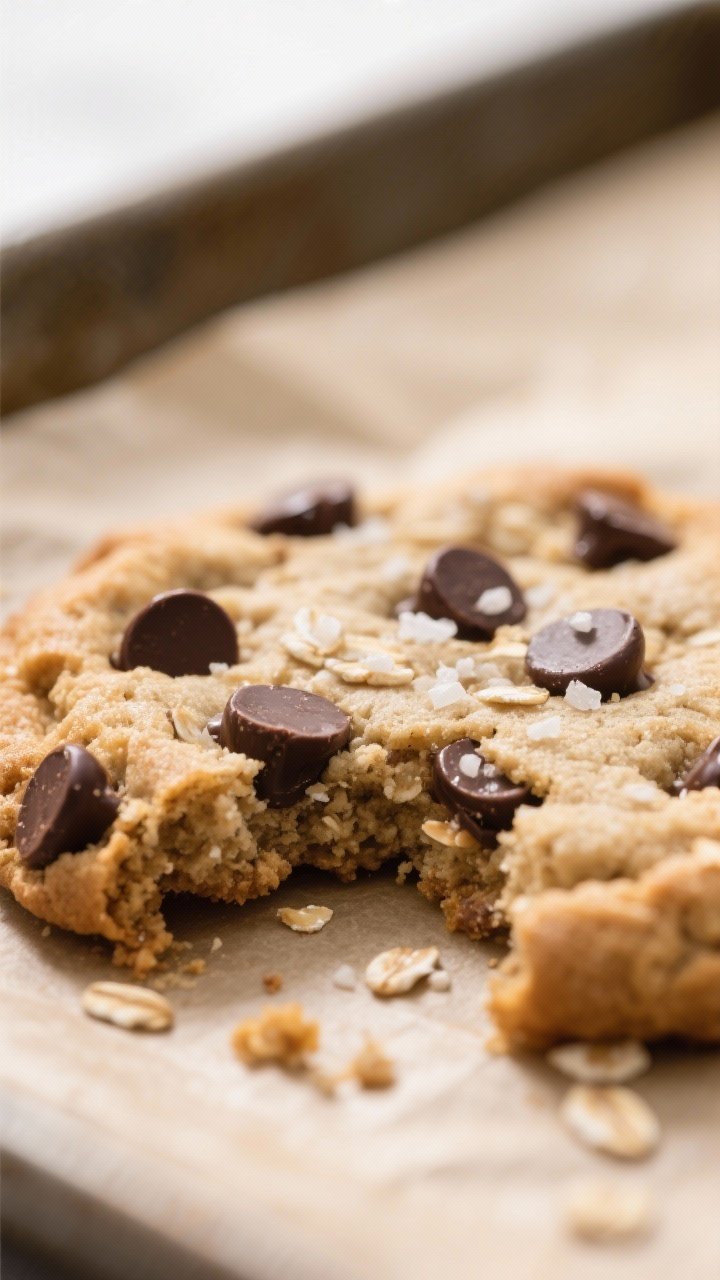 Close-up detail of a freshly baked healthy chocolate chip cookie just off the tray: crisp, lightly g