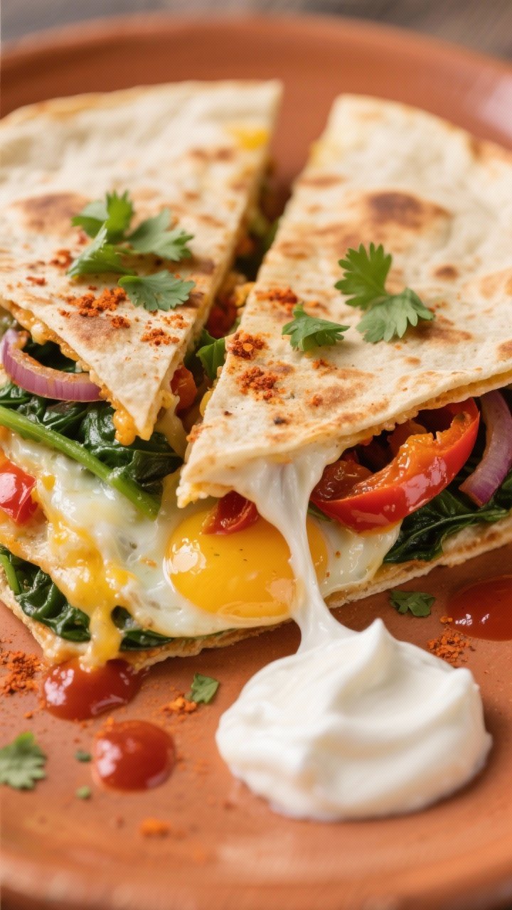 Close-up detail of a sliced quesadilla square on a warm-toned ceramic plate, revealing a gooey, stre