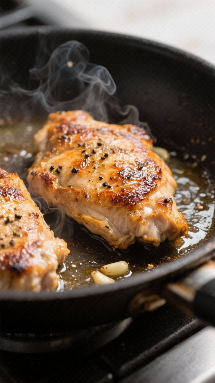 Close-up detail: Searing boneless skinless chicken thighs in a heavy skillet, golden-brown crust wit