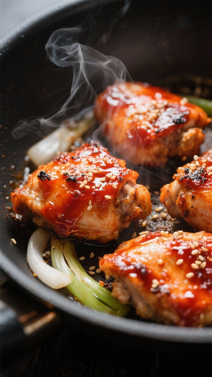 Close-up detail: Searing gochujang-marinated chicken thigh pieces in a sizzling skillet, caramelized