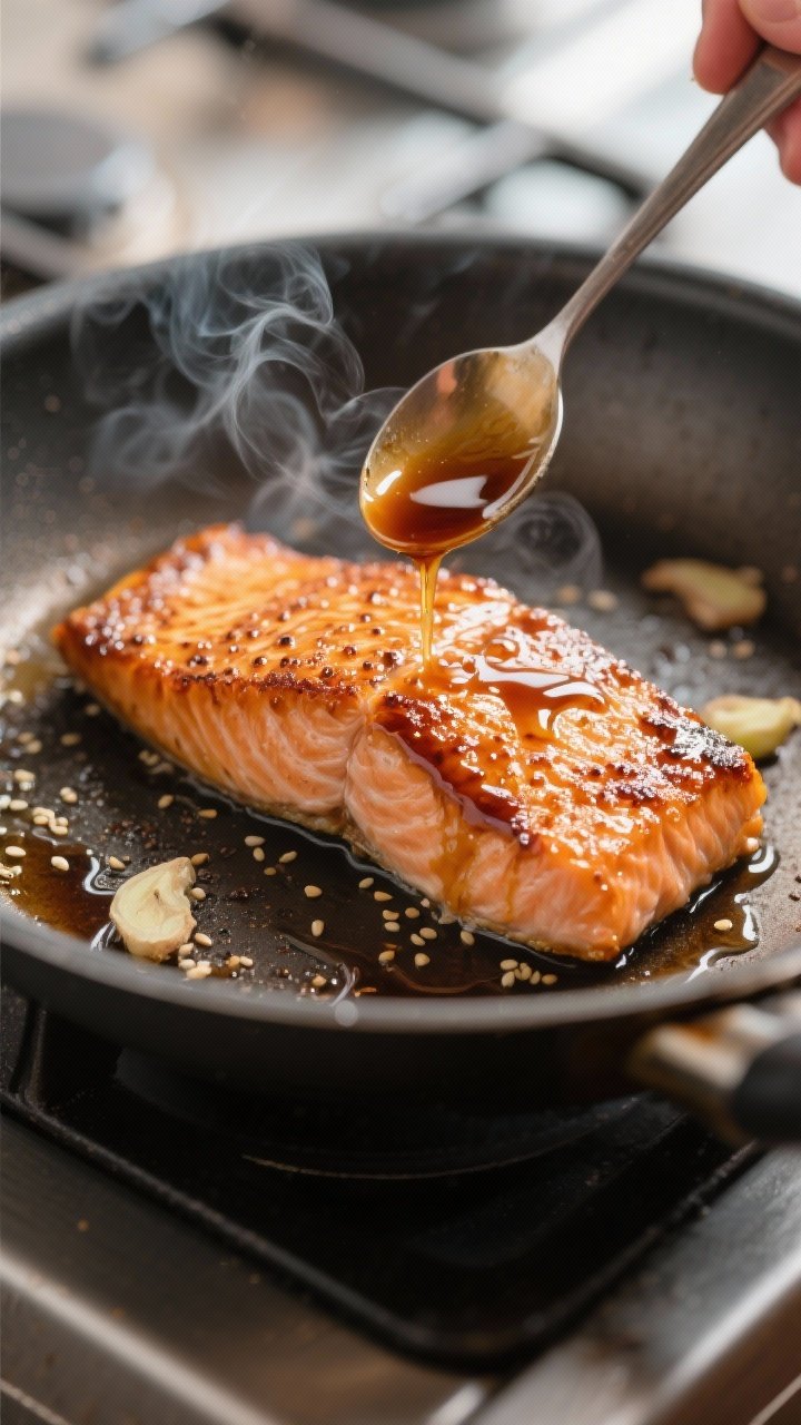 Close-up detail: Searing teriyaki salmon fillet skin-side down in a stainless skillet, skin ultra-cr