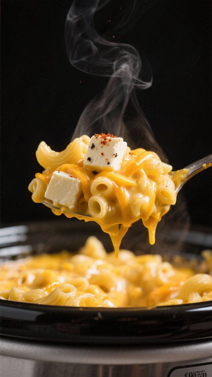 Close-up detail shot: A heaping spoonful of ultra-creamy crockpot mac and cheese being lifted from a