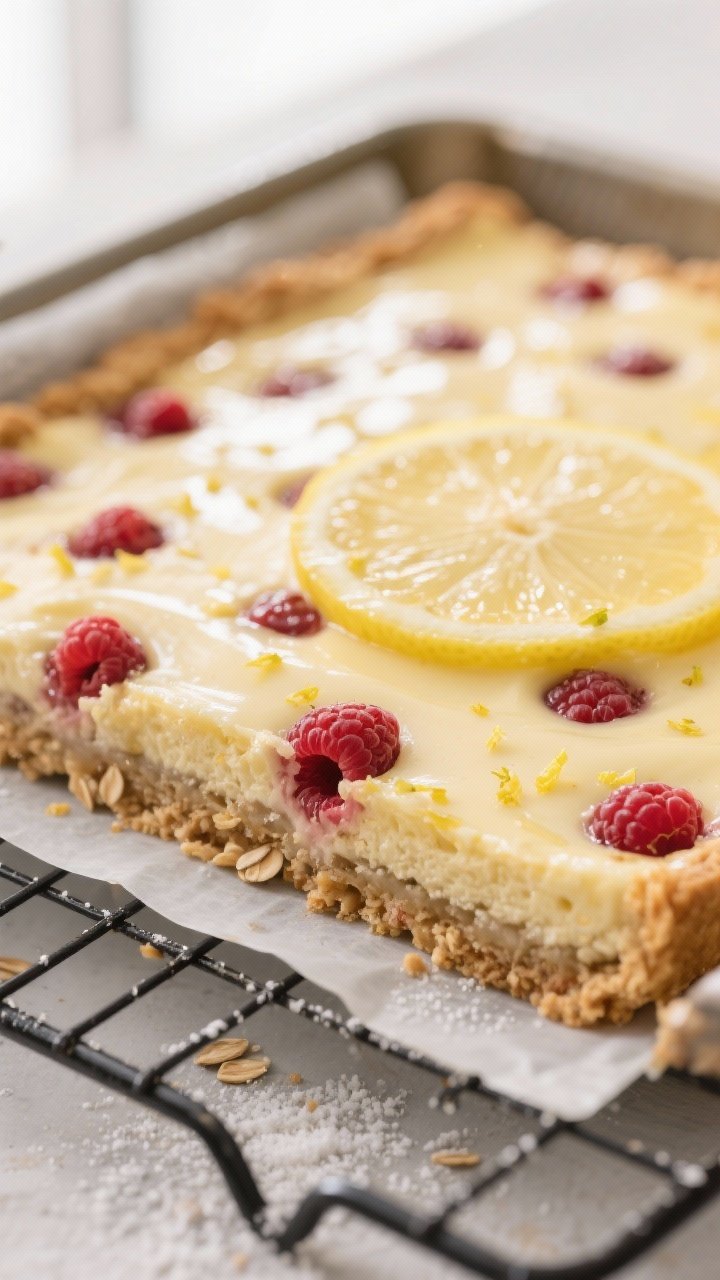 Close-up detail shot: A just-baked pan of Healthy Lemon Raspberry Bars cooling on a wire rack, showi