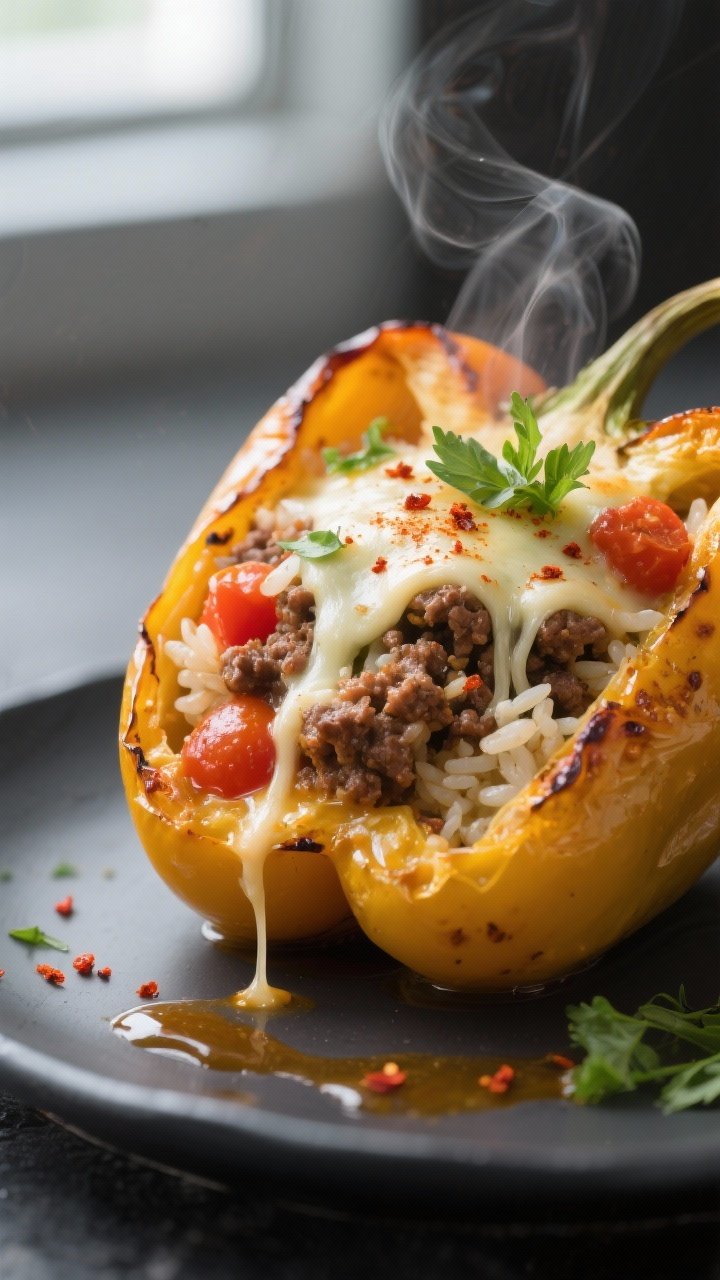 Close-up detail shot: A just-baked stuffed bell pepper cut open to reveal the savory ground beef, fl