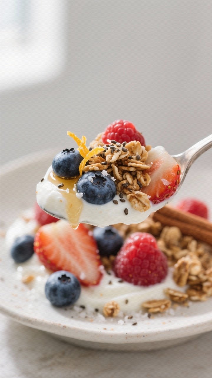 Close-up detail shot: A spoonful of thick, creamy Greek yogurt layered with glossy fresh berries (bl