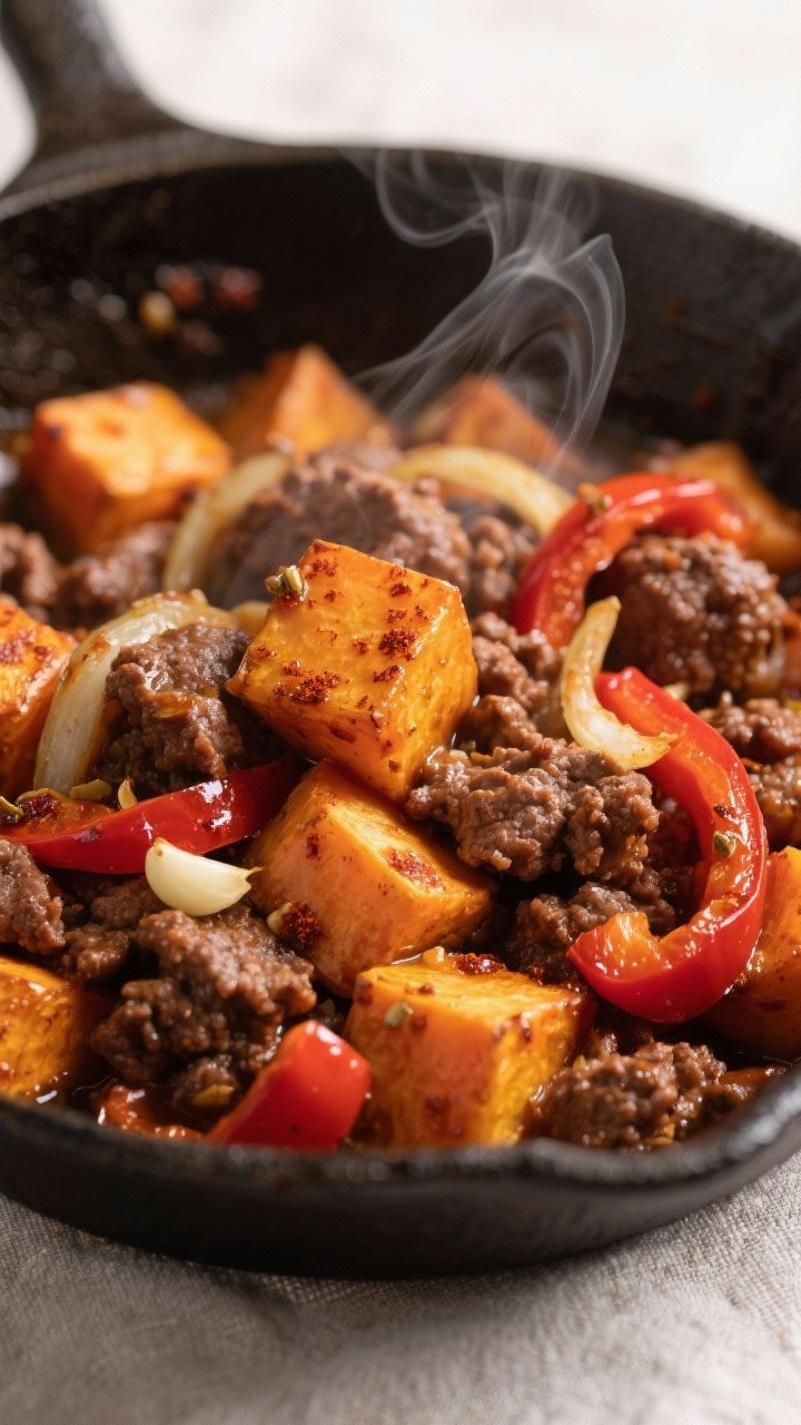 Close-up detail shot: Caramelized sweet potato cubes and browned ground beef nestled together in a c