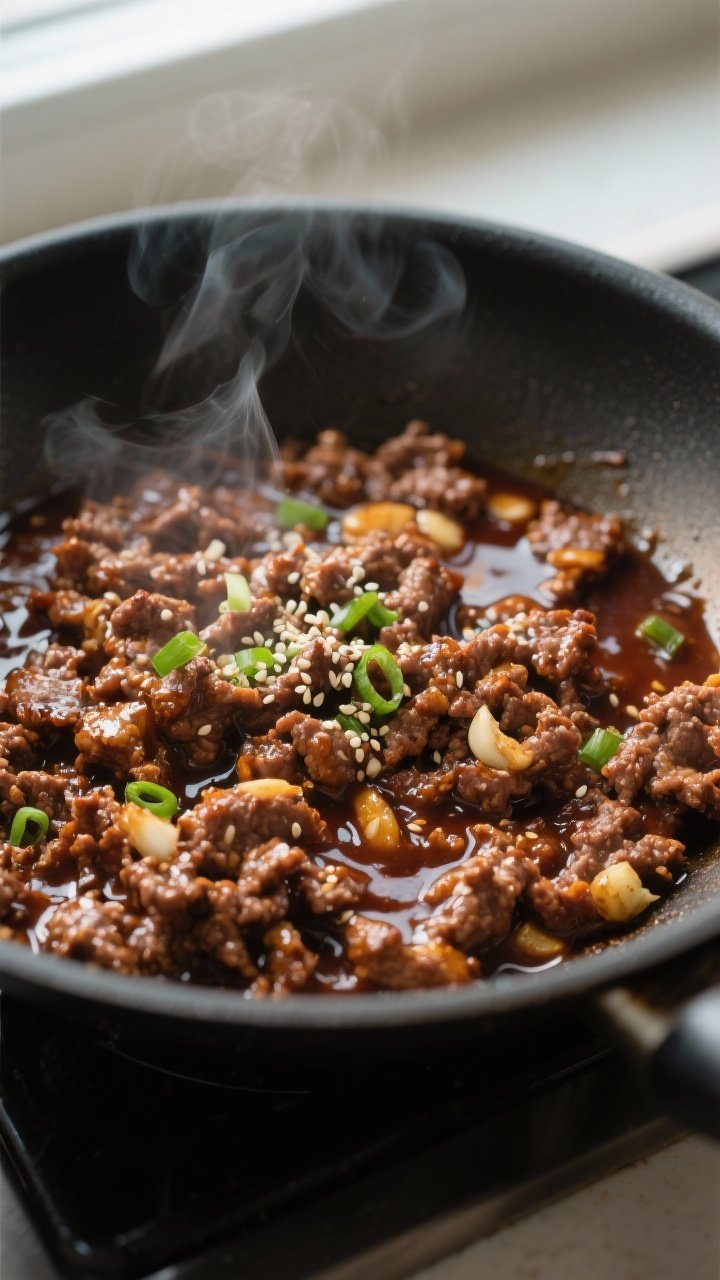 Close-up detail shot: Crispy-edged Korean ground beef sizzling in a skillet just after saucing, glos