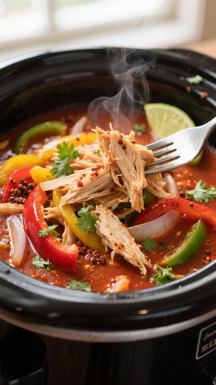 Close-up detail shot: Fork-tender shredded chicken fajitas just pulled from the slow cooker, glisten